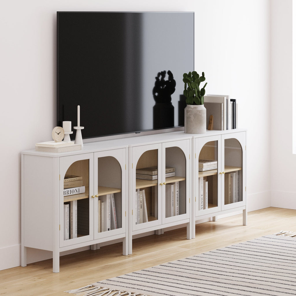 Curio Cabinet TV Stand Credenza with Glass Door White (Set of 3)