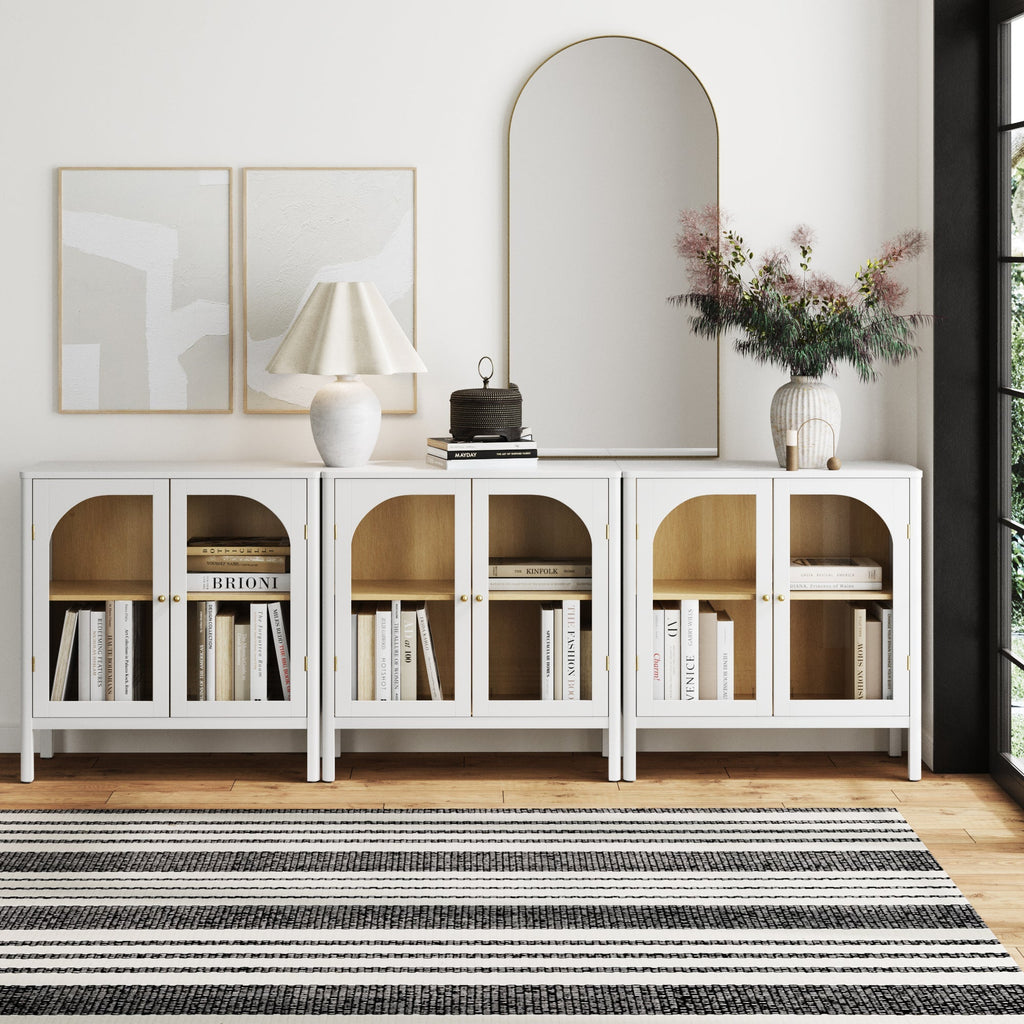 Curio Cabinet TV Stand Credenza with Glass Door White (Set of 3)