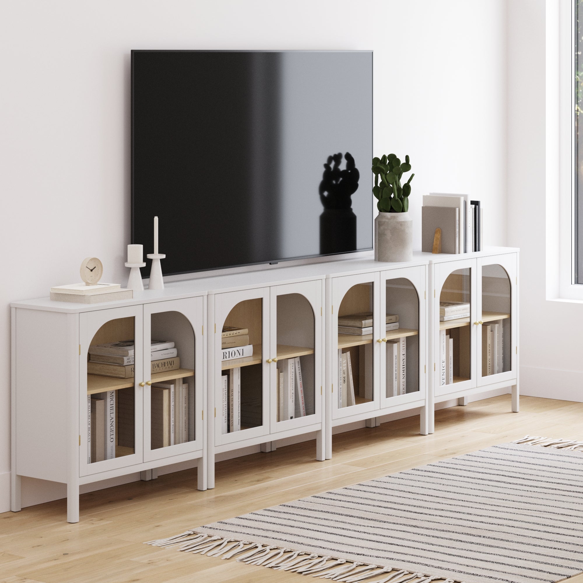 Large Glass Door Curio Cabinet TV Console Credenza White (Set of 4)