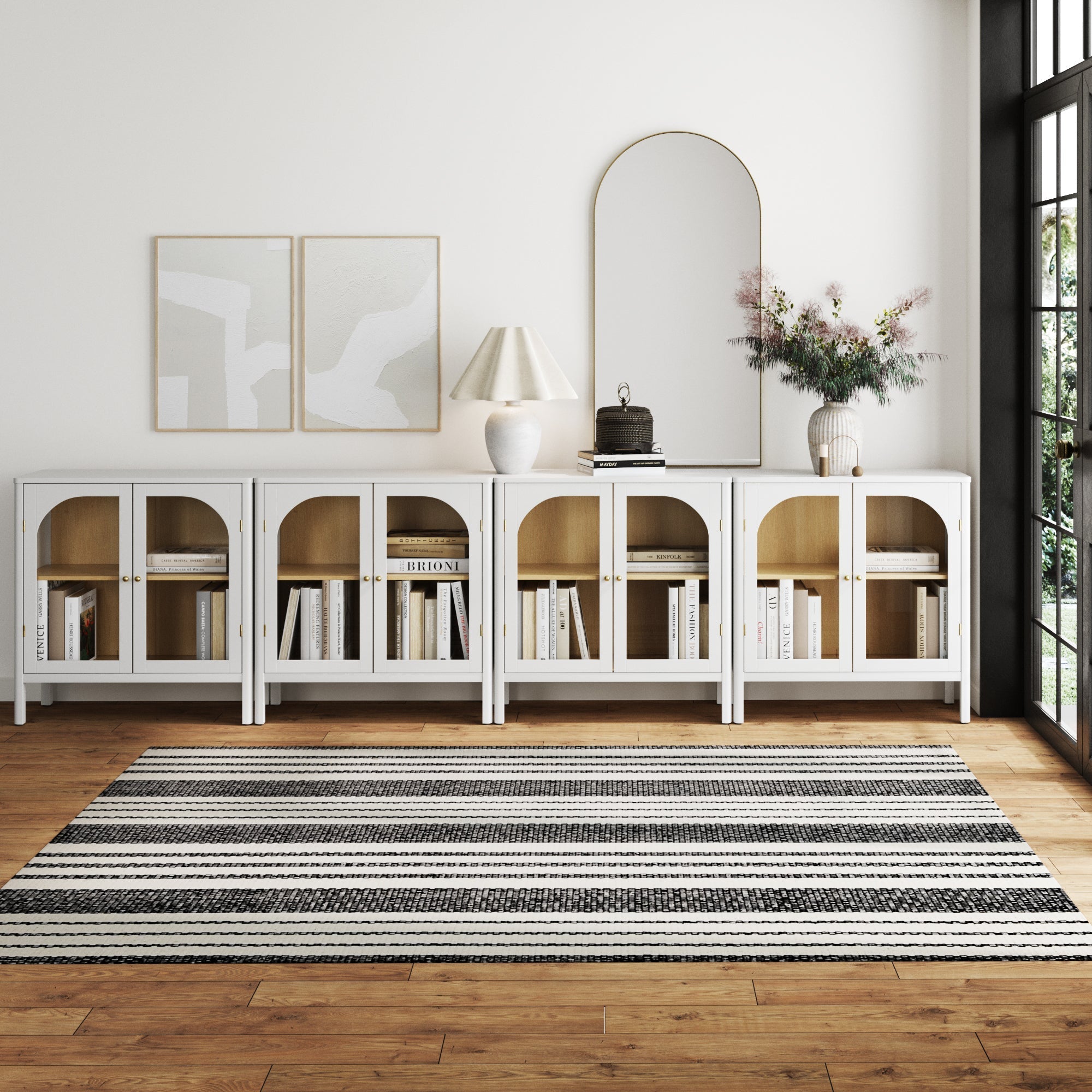 Large Glass Door Curio Cabinet TV Console Credenza White (Set of 4)