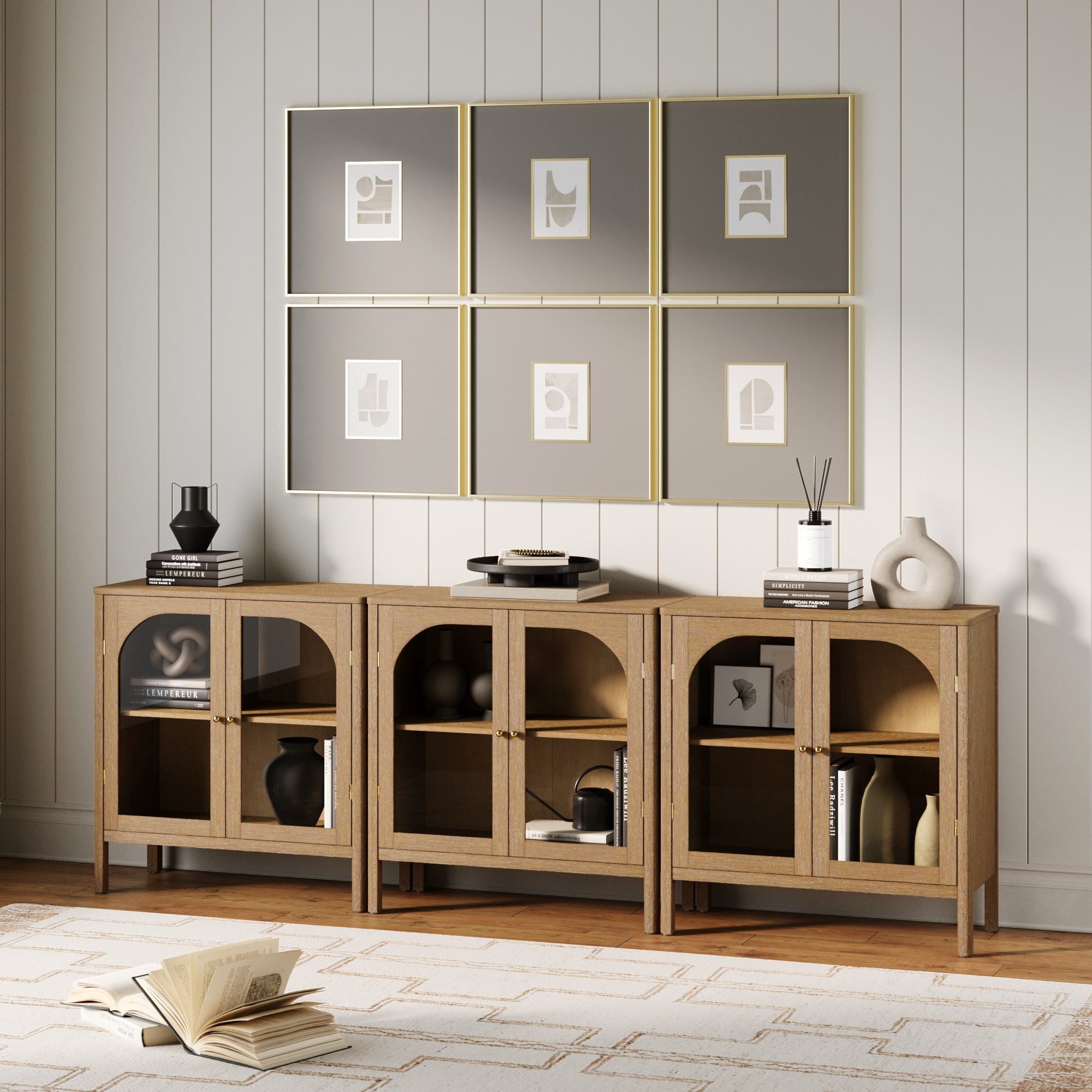 Curio Cabinet TV Stand Credenza with Glass Door Brown (Set of 3)