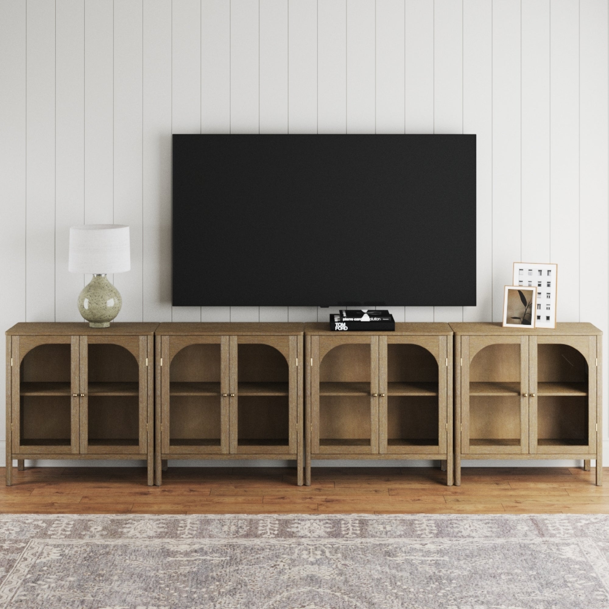 Large Glass Door Curio Cabinet TV Console Credenza Brown (Set of 4)