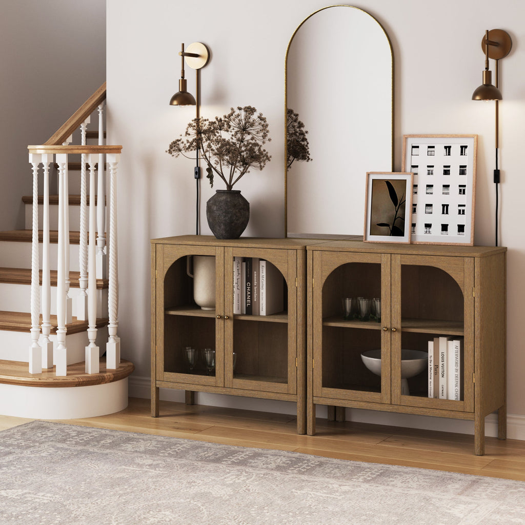 Curio Cabinet TV Stand Credenza with Glass Door Brown (Set of 2)