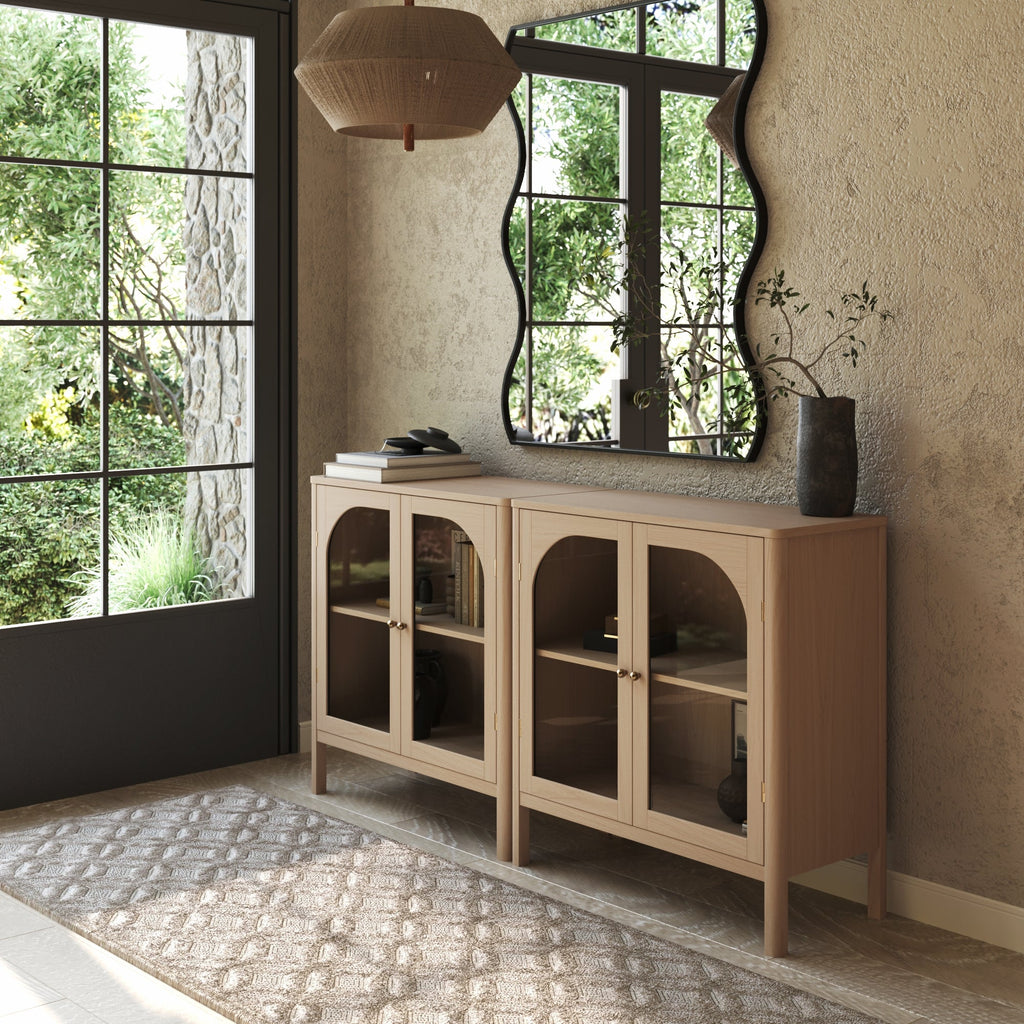 Curio Cabinet TV Stand Credenza with Glass Door Raw Oak (Set of 2)