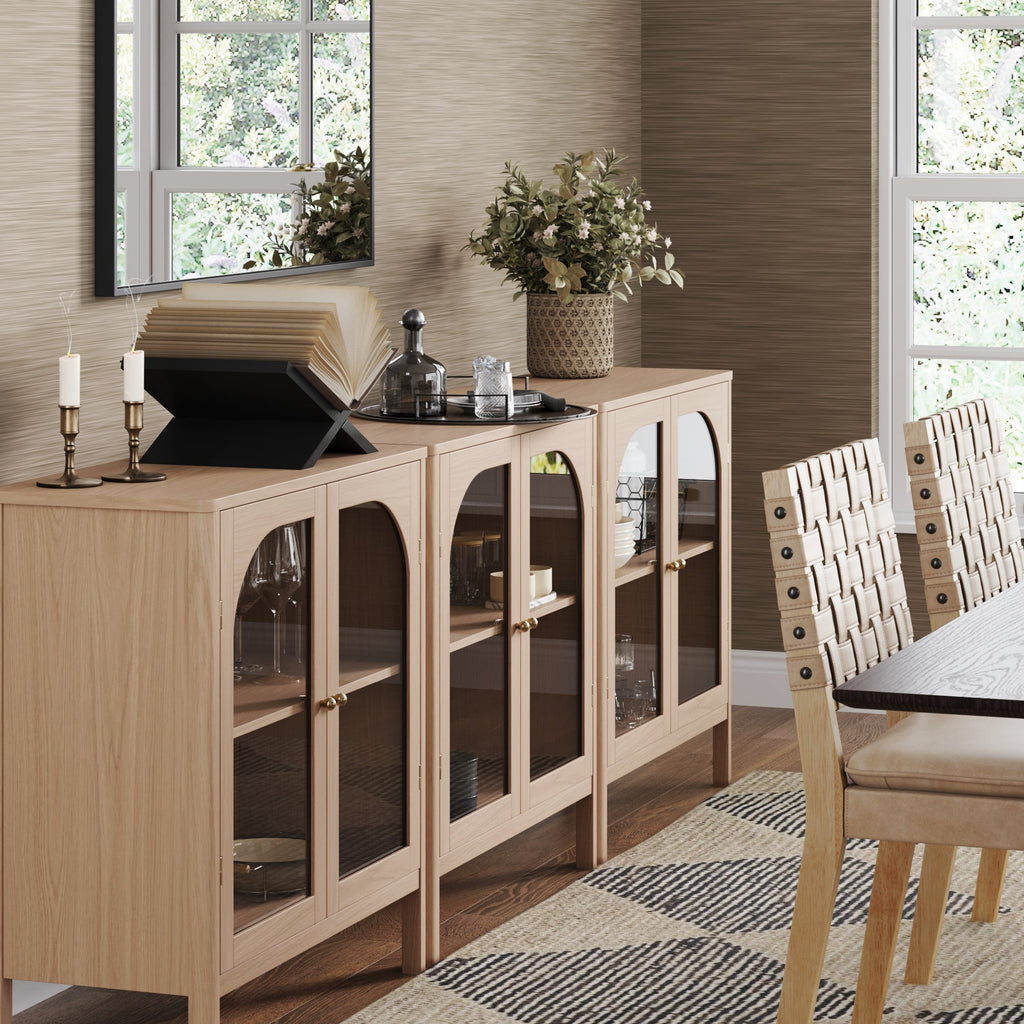 Curio Cabinet TV Stand Credenza with Glass Door Raw Oak (Set of 3)