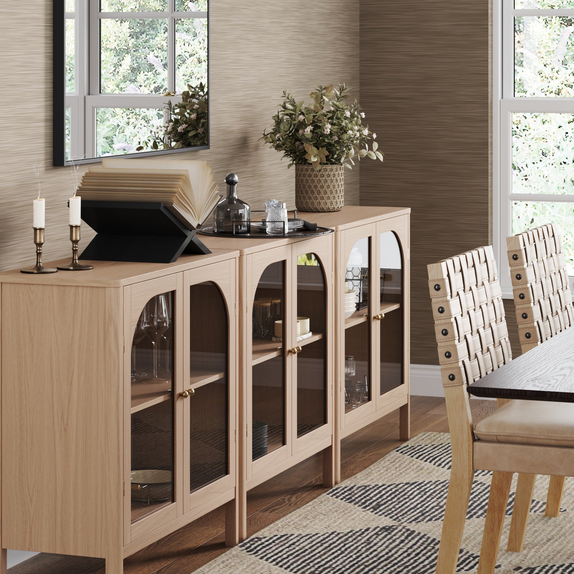 Curio Cabinet TV Stand Credenza with Glass Door Raw Oak (Set of 3)