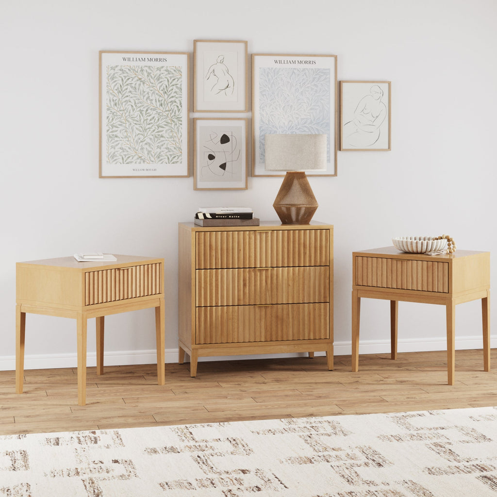 Fluted Dresser and 2 Nightstands Set Warm Pine