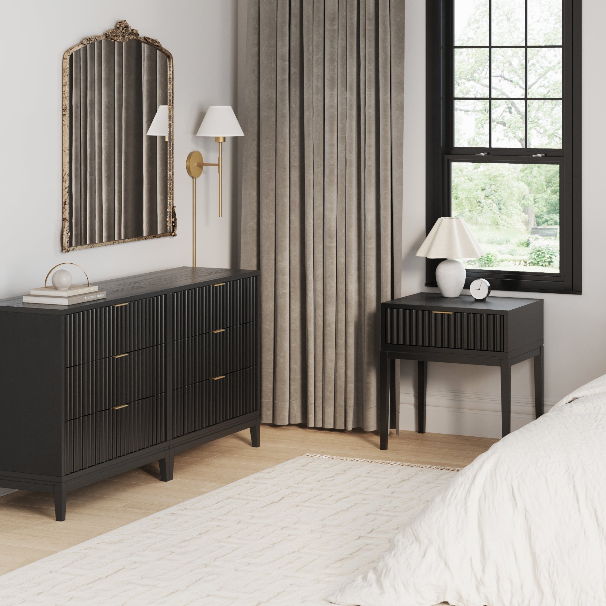 Fluted Wood Bedroom Set Black Oak