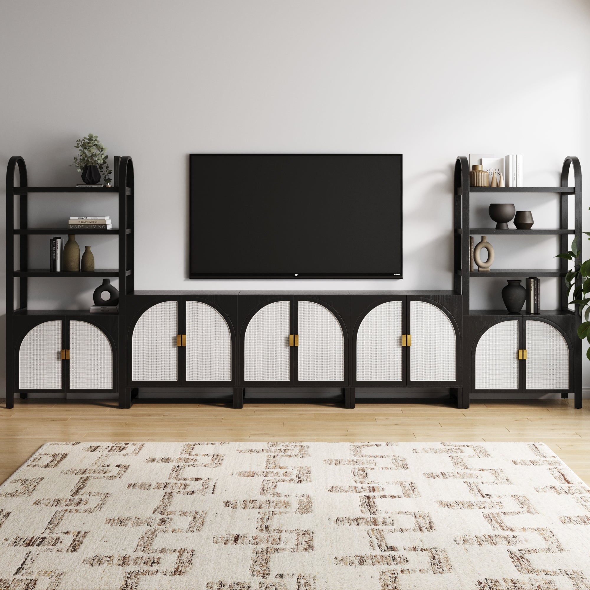 Boho Arched Bookshelf Entertainment Center Black