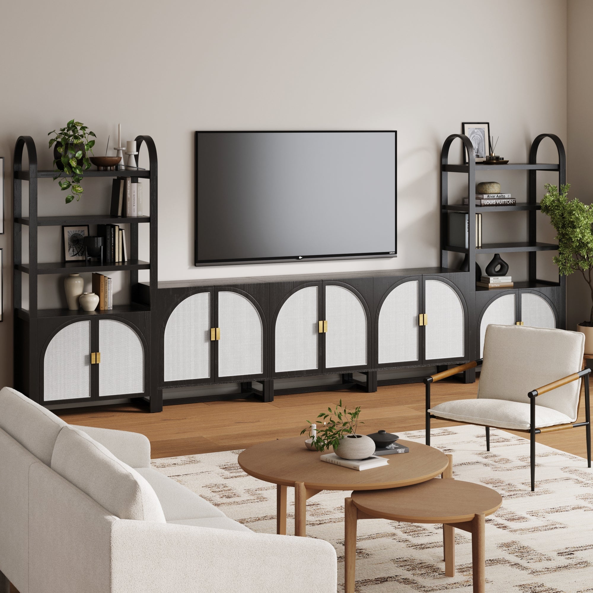 Boho Arched Bookshelf Entertainment Center Black
