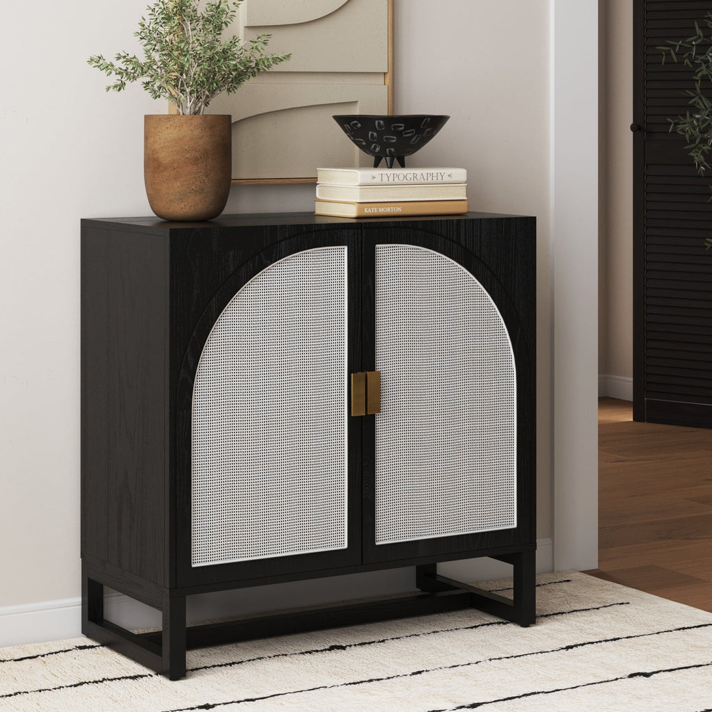 Boho Rattan Arched Door Storage Cabinet Black