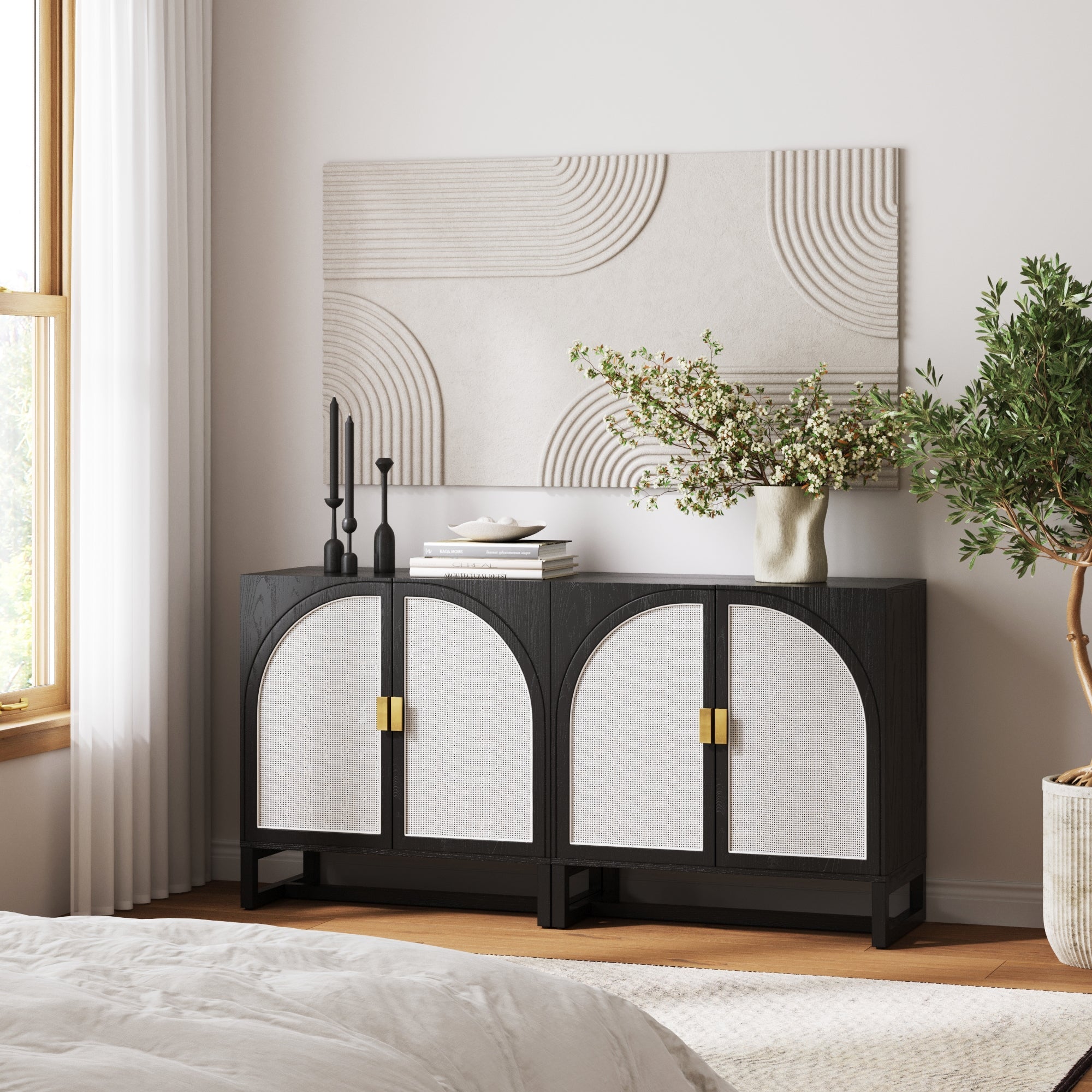 Boho Rattan Arched Door Storage Cabinet Black