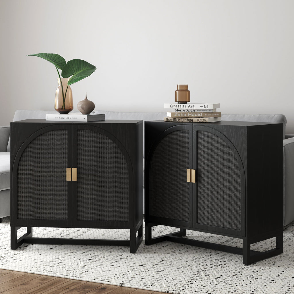 Arched Wooden TV Console Credenza Black Rattan (Set of 2)