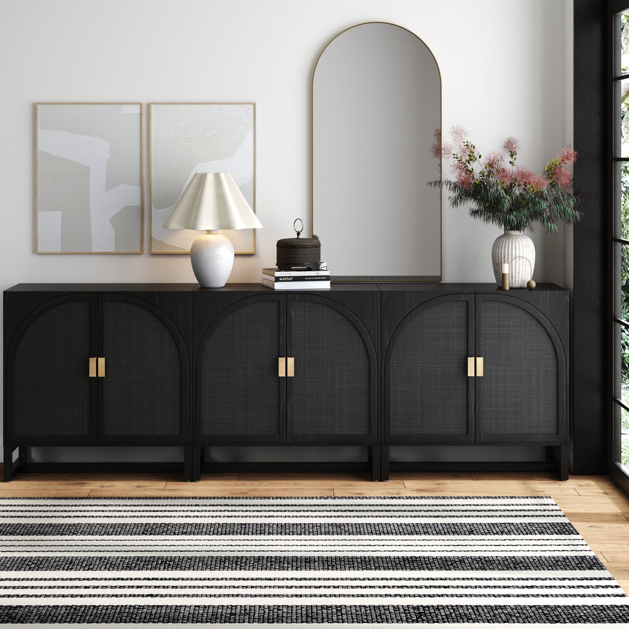 Arched Wooden TV Console Credenza Black Rattan (Set of 3)