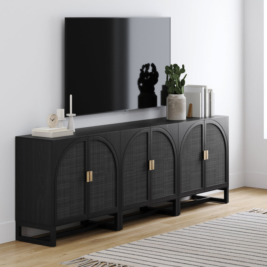 Arched Wooden TV Console Credenza Black Rattan (Set of 3)