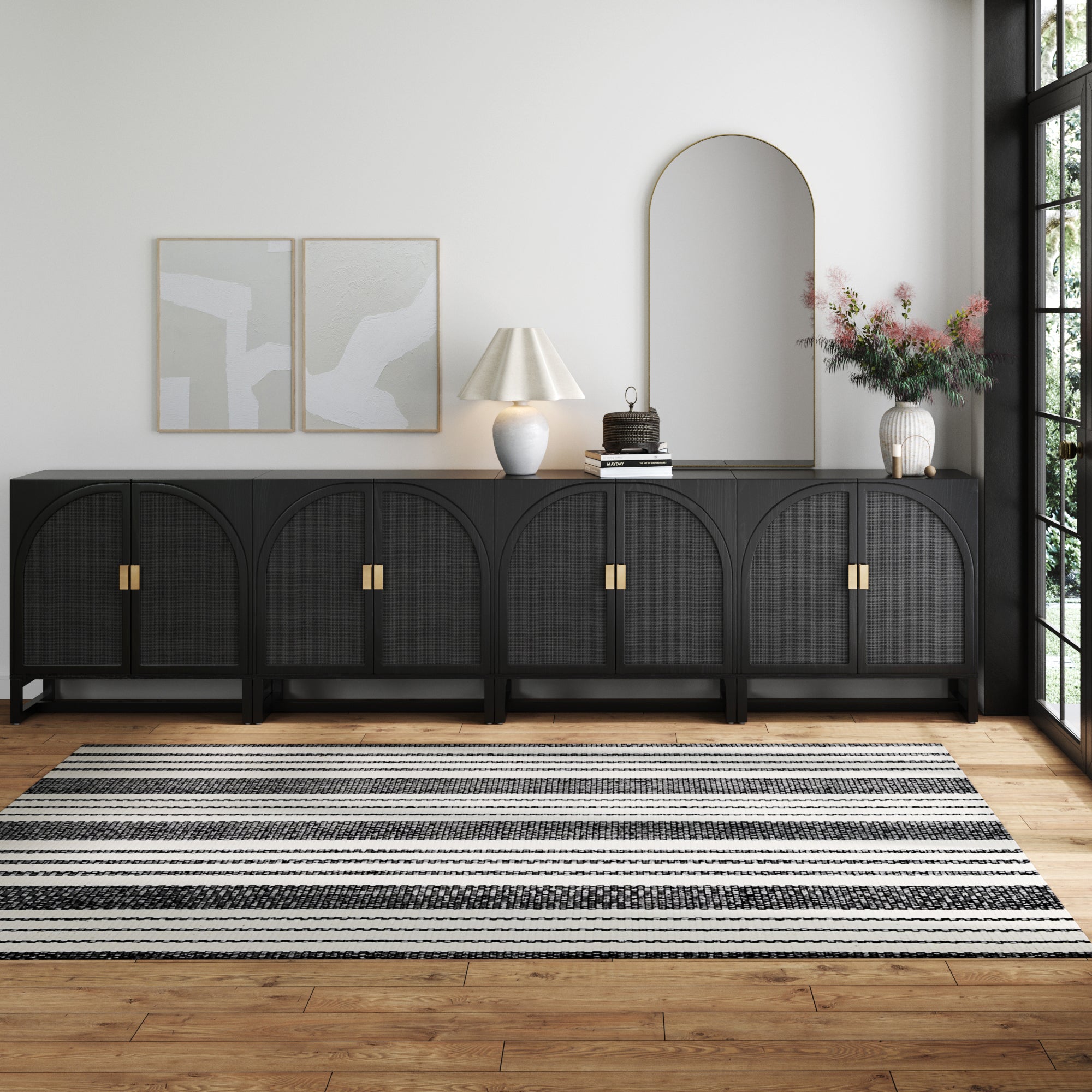 Arched Wooden TV Console Credenza Black Rattan (Set of 4)
