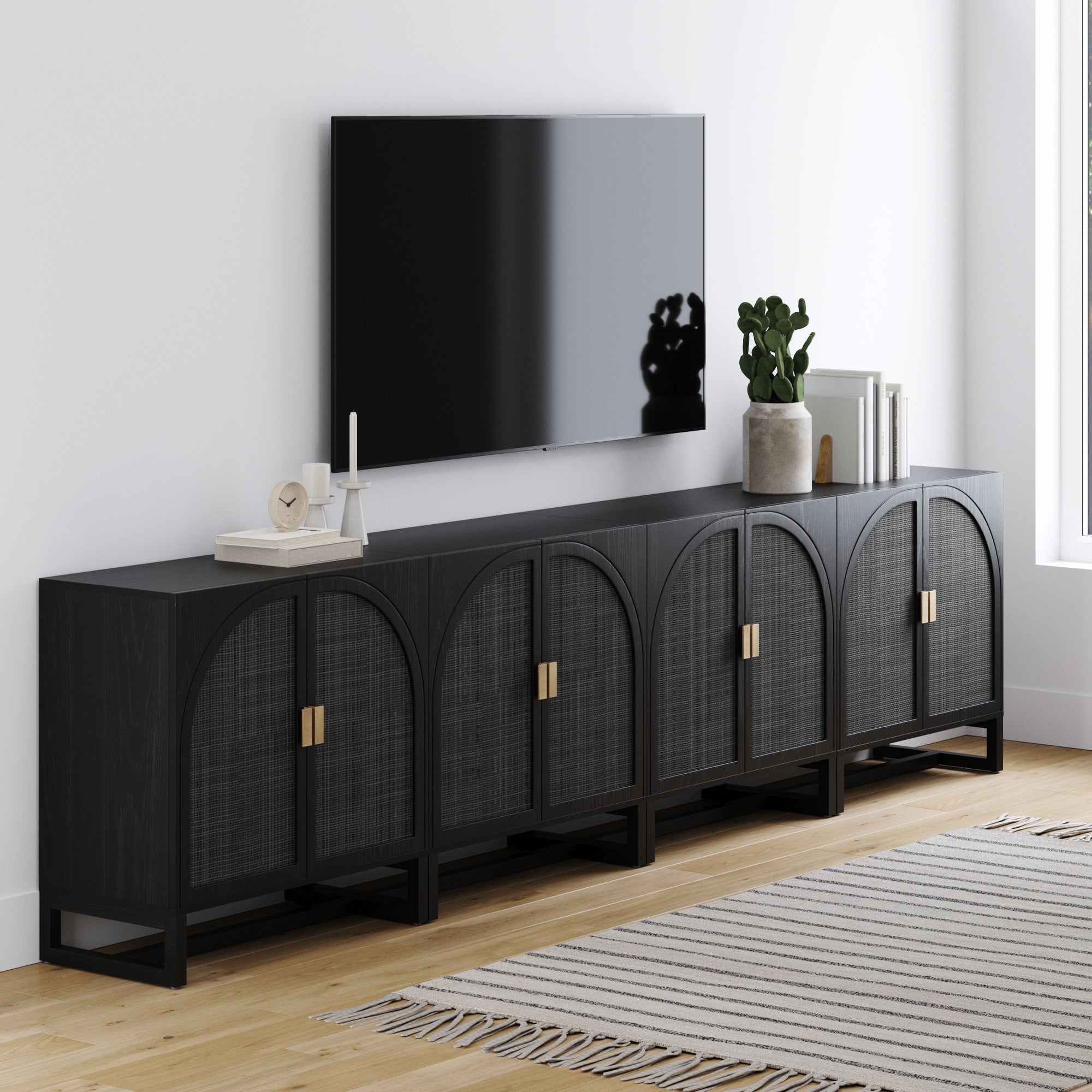 Arched Wooden TV Console Credenza Black Rattan (Set of 4)