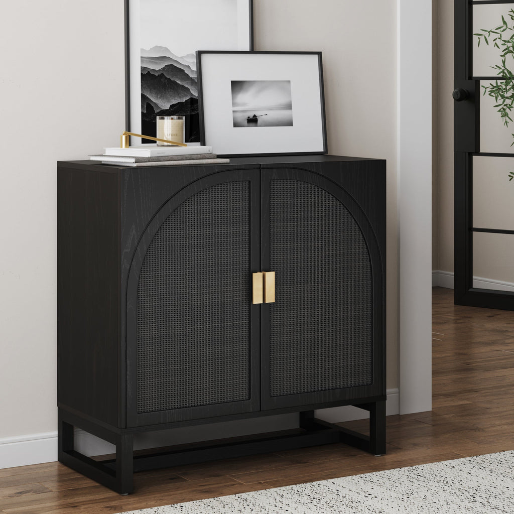 Arched Wooden 2-Door Storage Cabinet Black Rattan