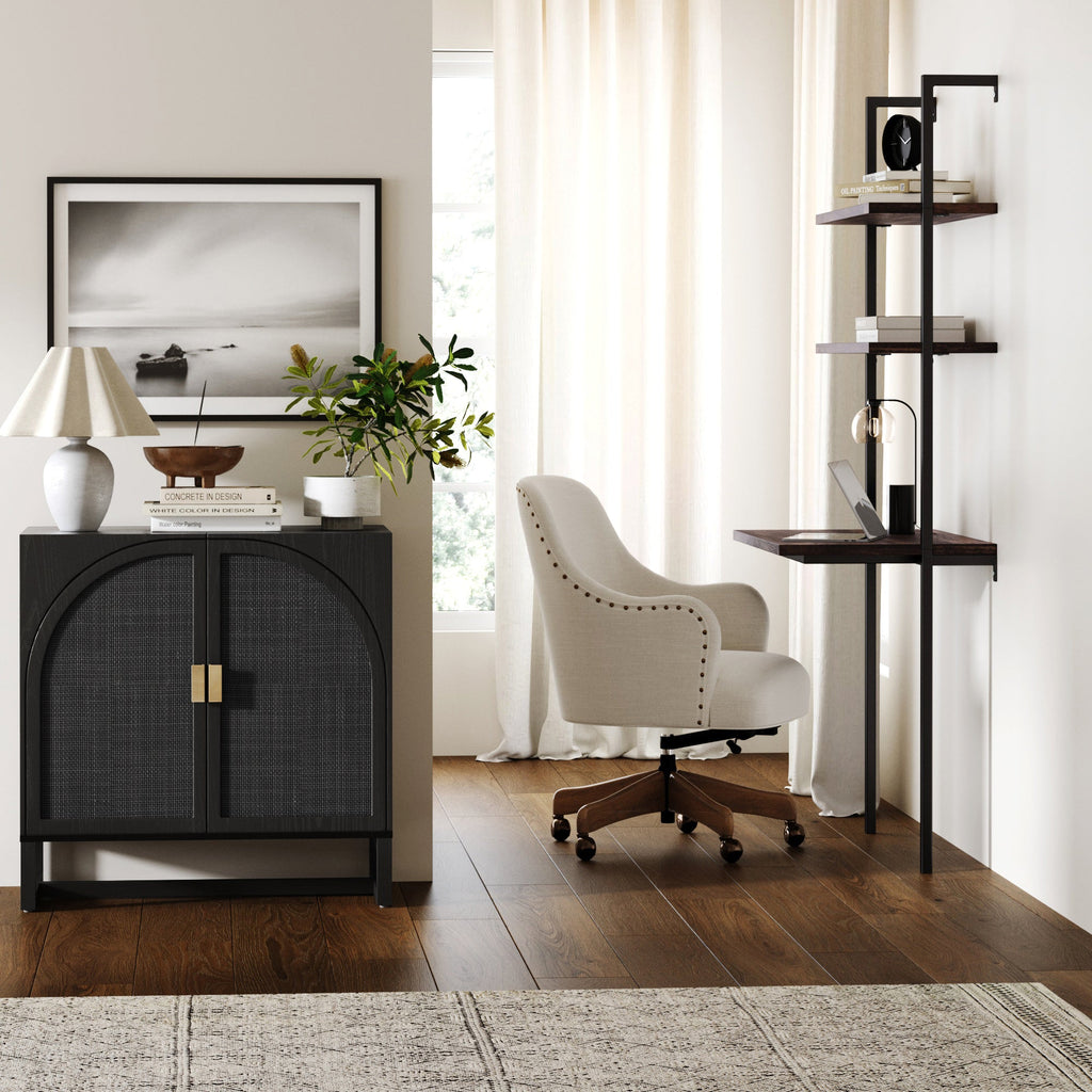 Arched Wooden 2-Door Storage Cabinet Black Rattan