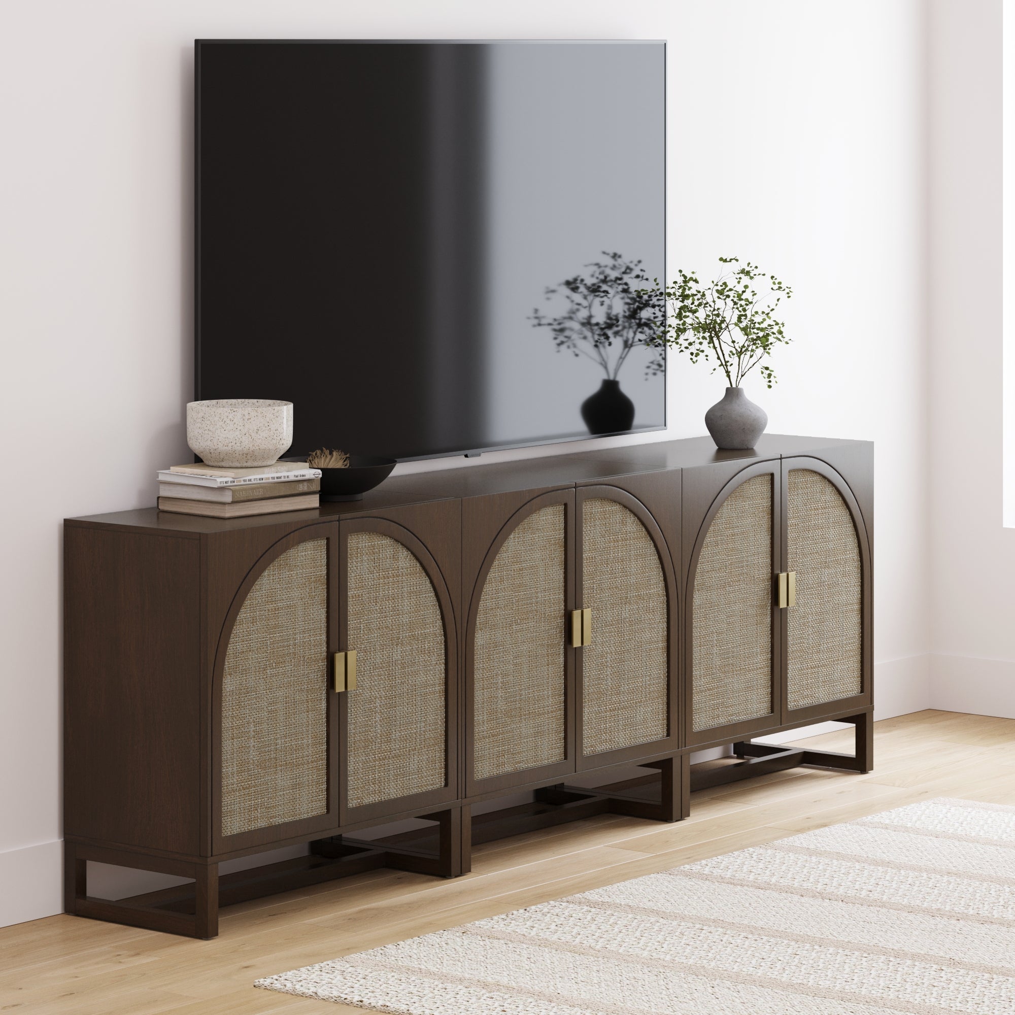 Boho Arched TV Console Credenza Dark Acacia (Set of 3)