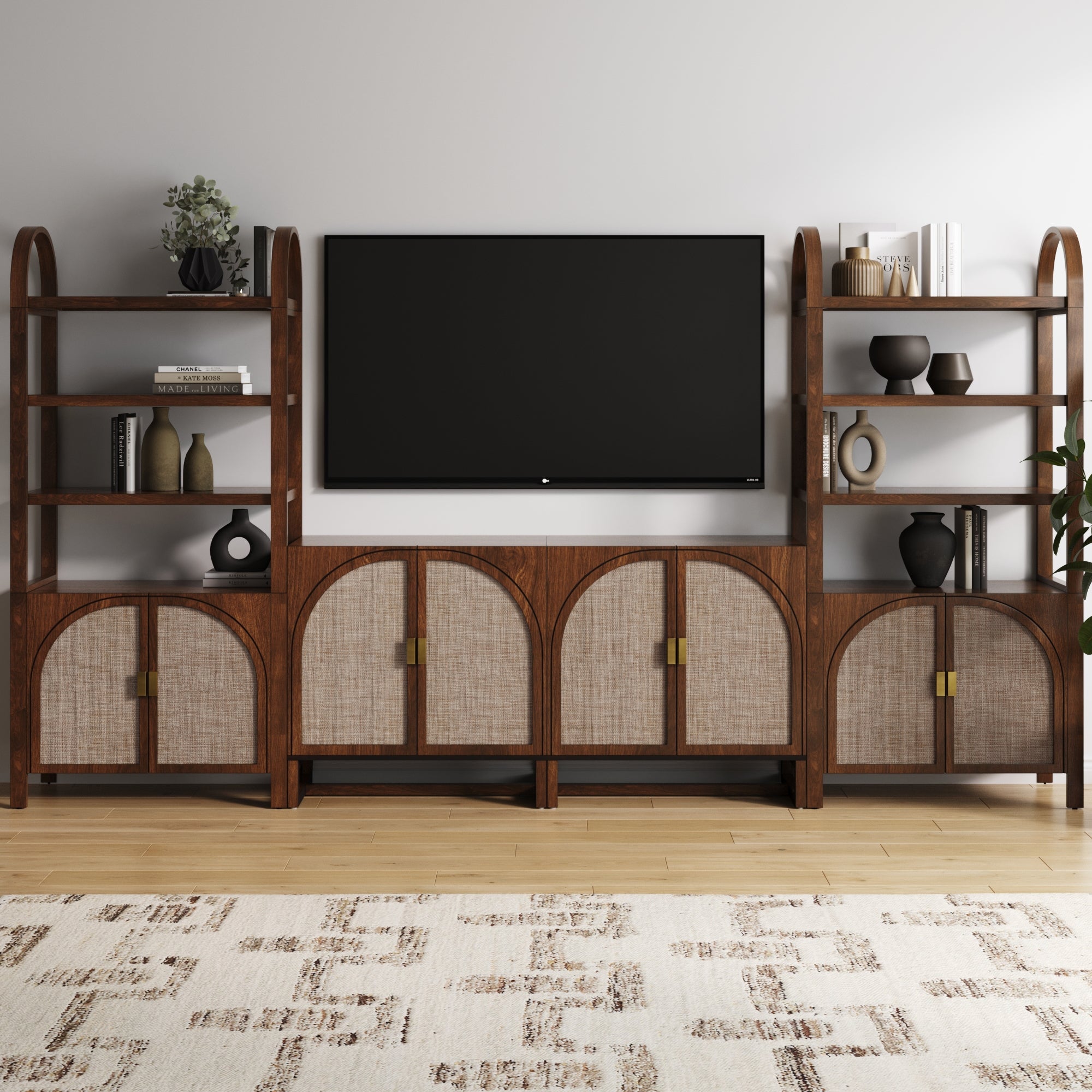 Arched Entertainment Center Wood Dark Acacia