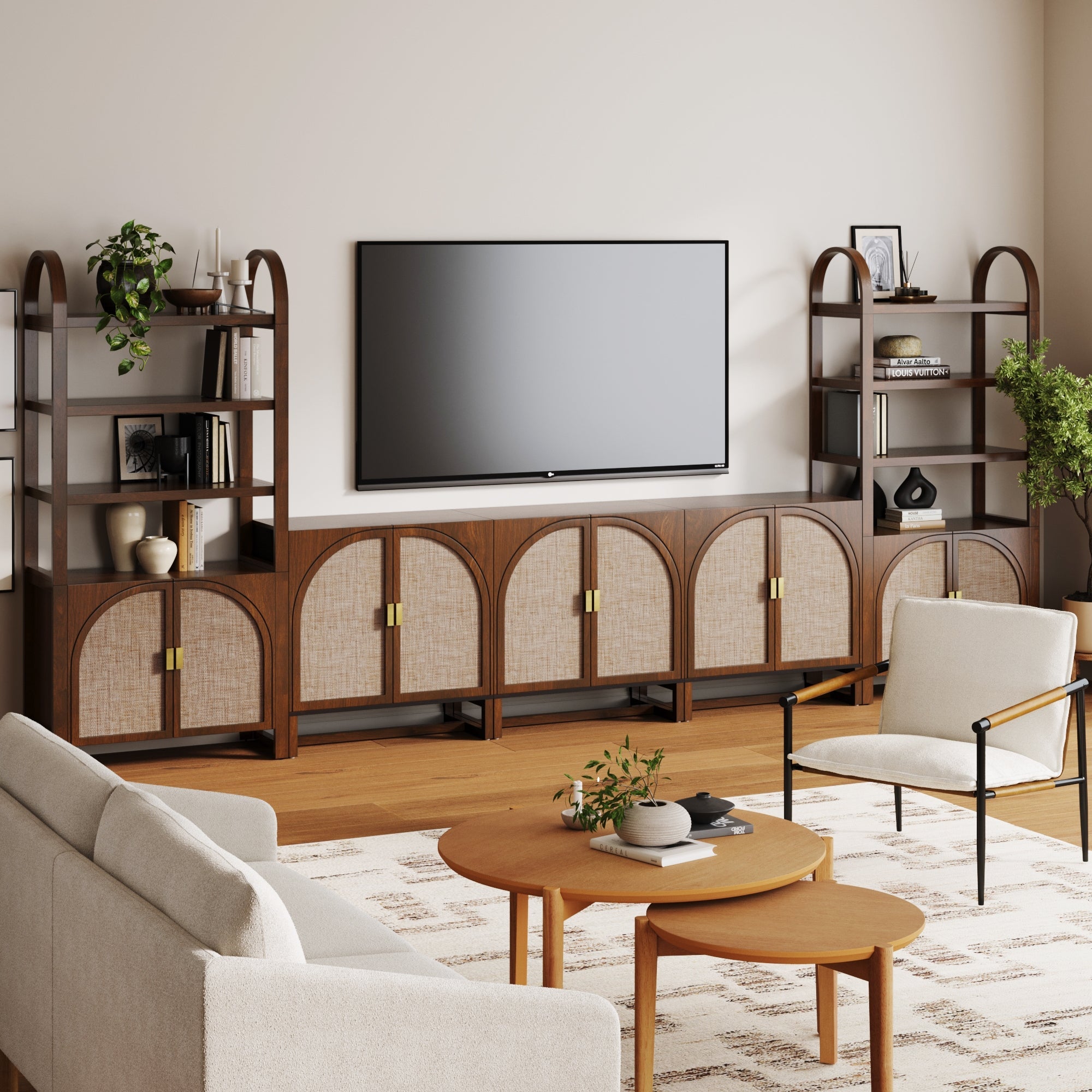 Arched Bookshelf Entertainment Center for 75 TV Dark Acacia