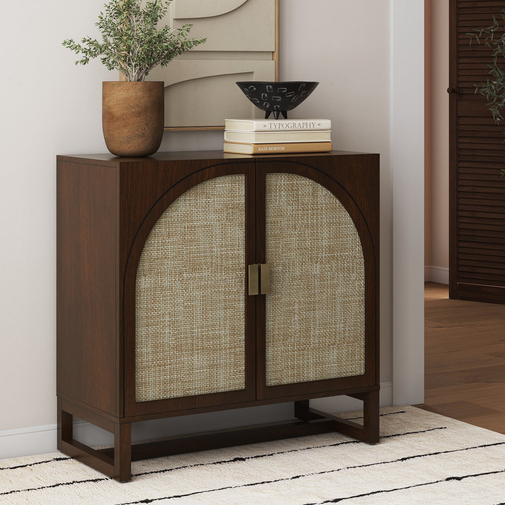 Boho Rattan Arched Door Storage Cabinet Dark Acacia