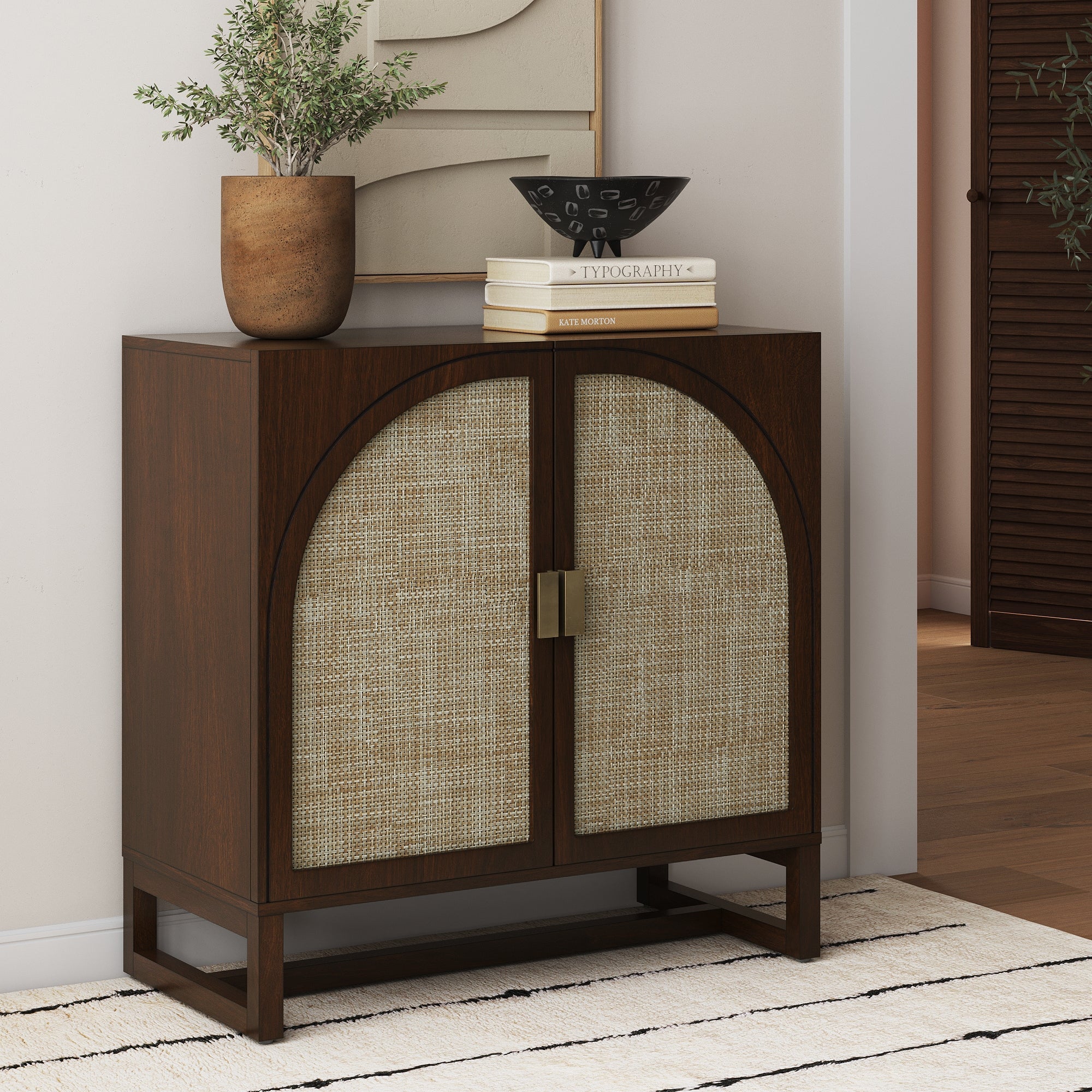 Boho Rattan Arched Door Storage Cabinet Dark Acacia