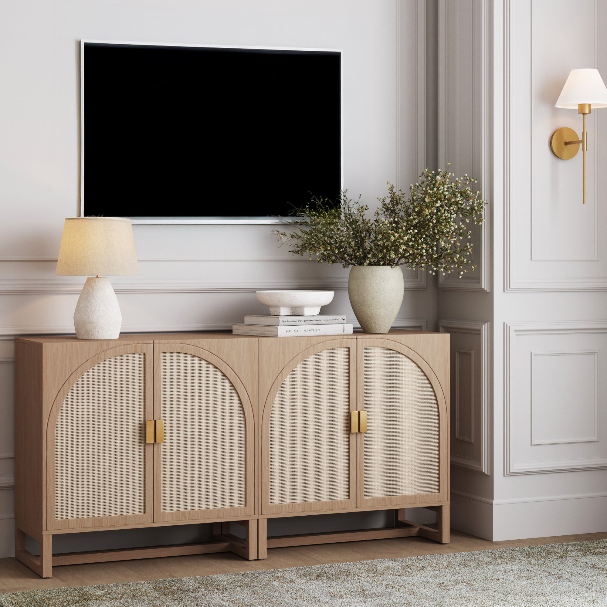 Boho Arched TV Console Credenza Raw Oak (Set of 2)