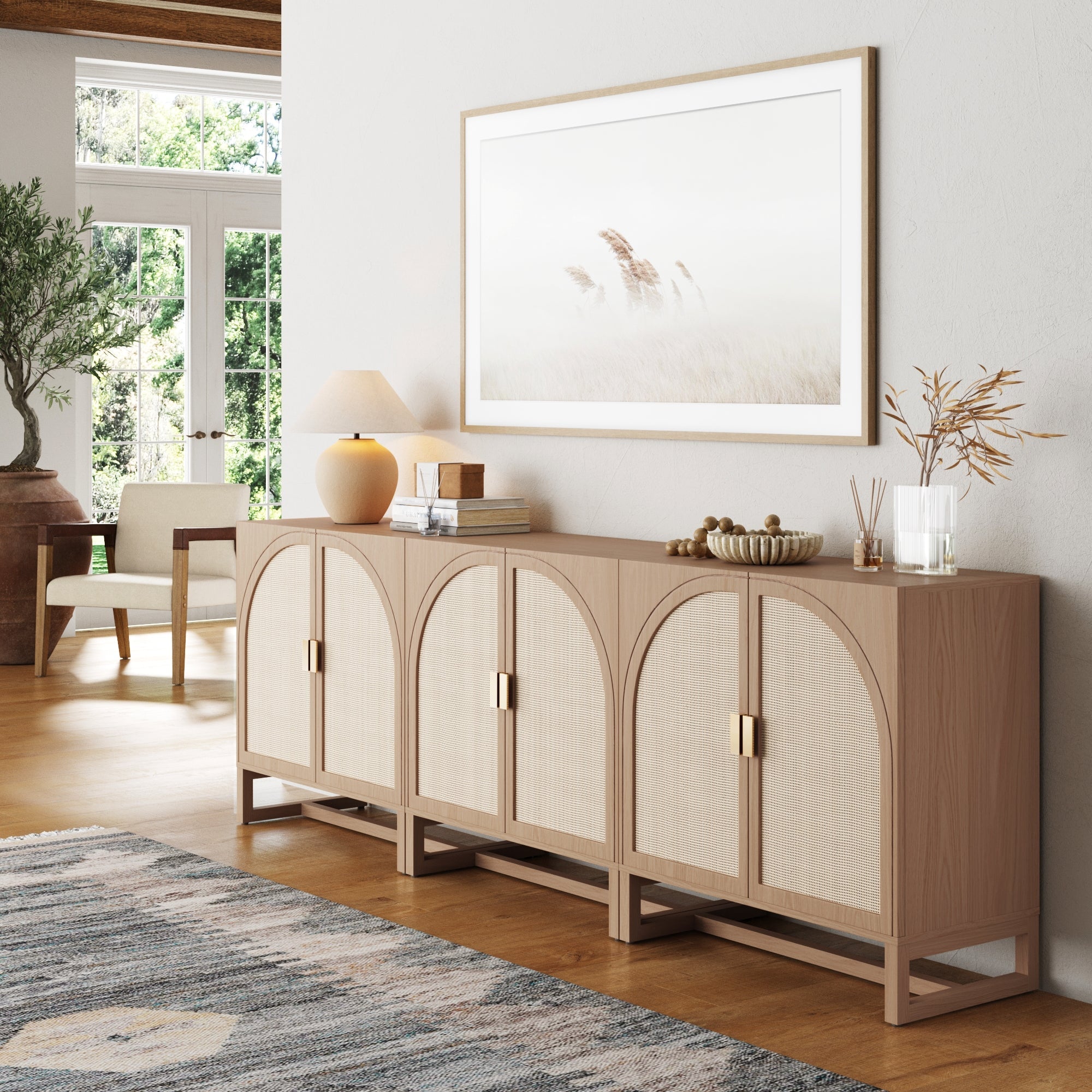 Boho Arched TV Console Credenza Raw Oak (Set of 3)