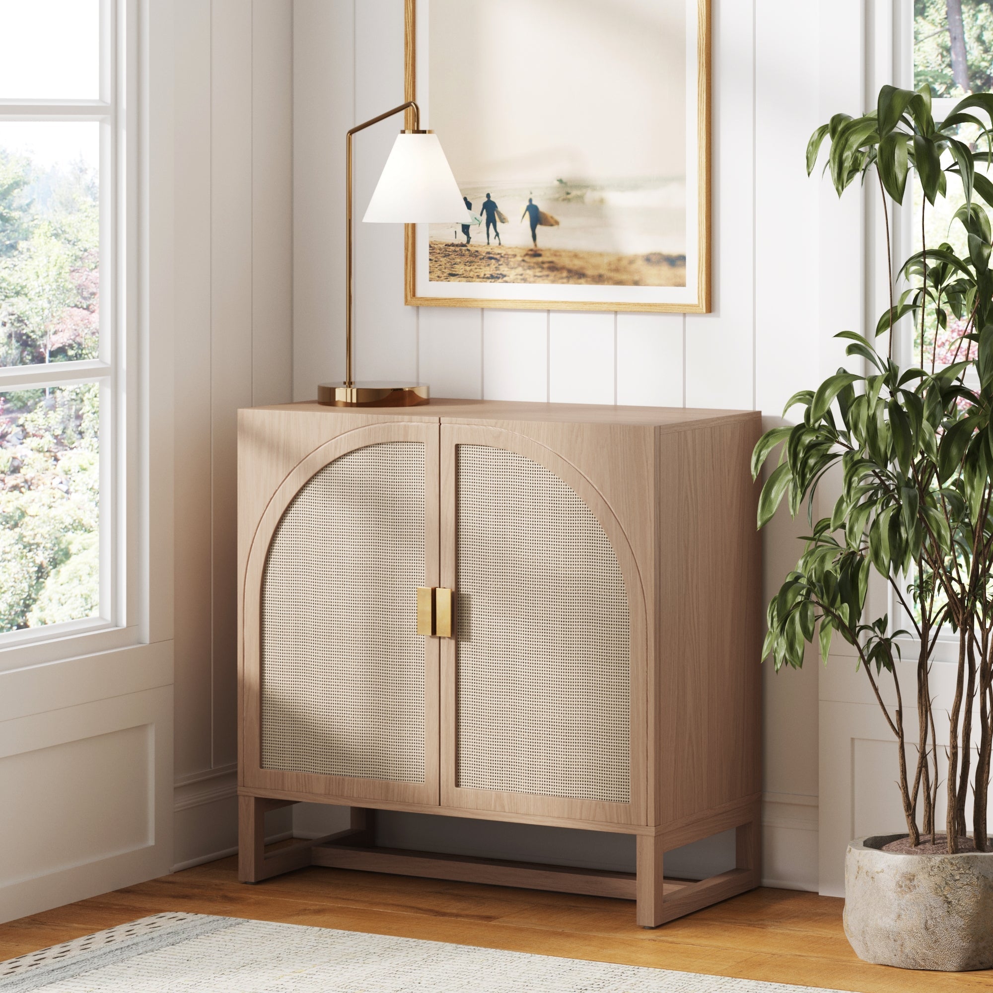 Boho Rattan Arched Door Storage Cabinet Raw Oak