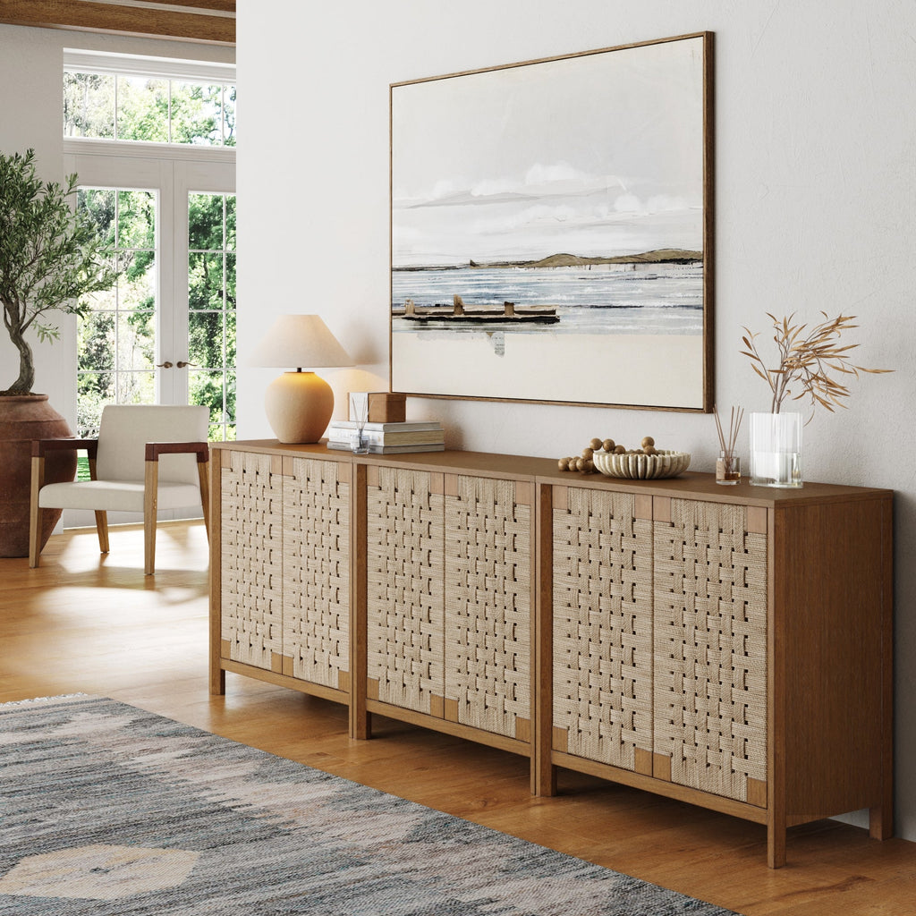 Boho Woven Seagrass TV Console Credenza Light Brown (Set of 3)