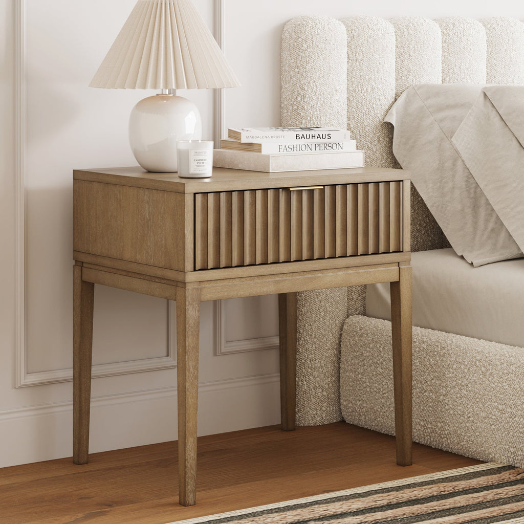 Bohemian Wood Nightstand with Drawer Light Brown