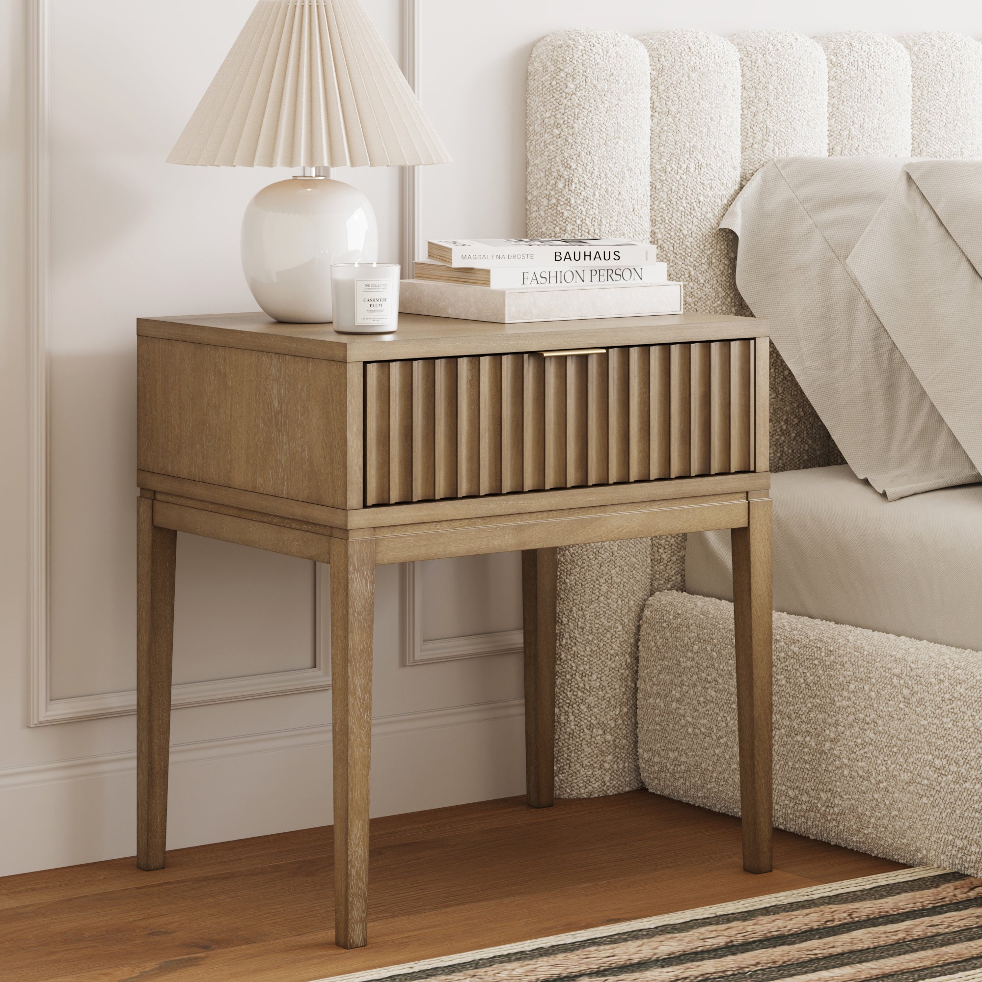 Bohemian Wood Nightstand with Drawer Light Brown