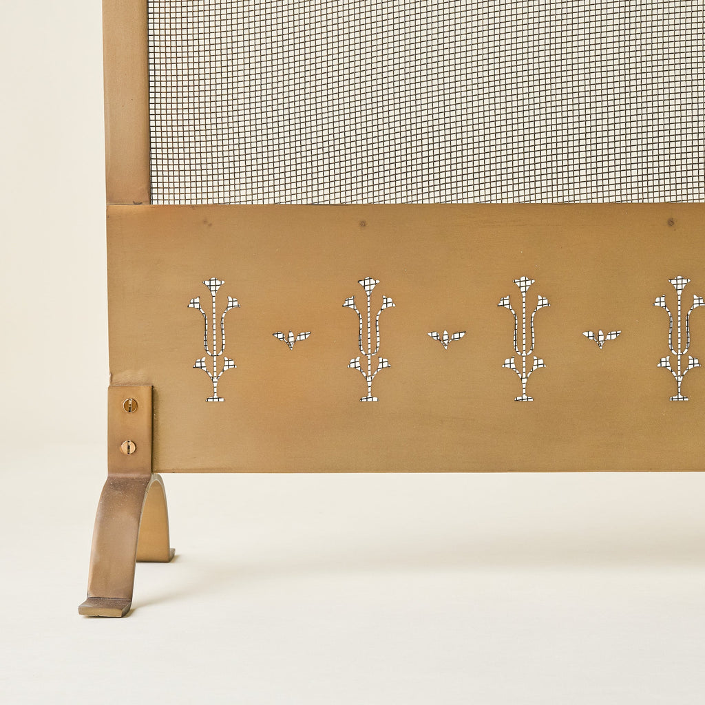 Antiqued Brass Tulip Carved Fireplace Screen