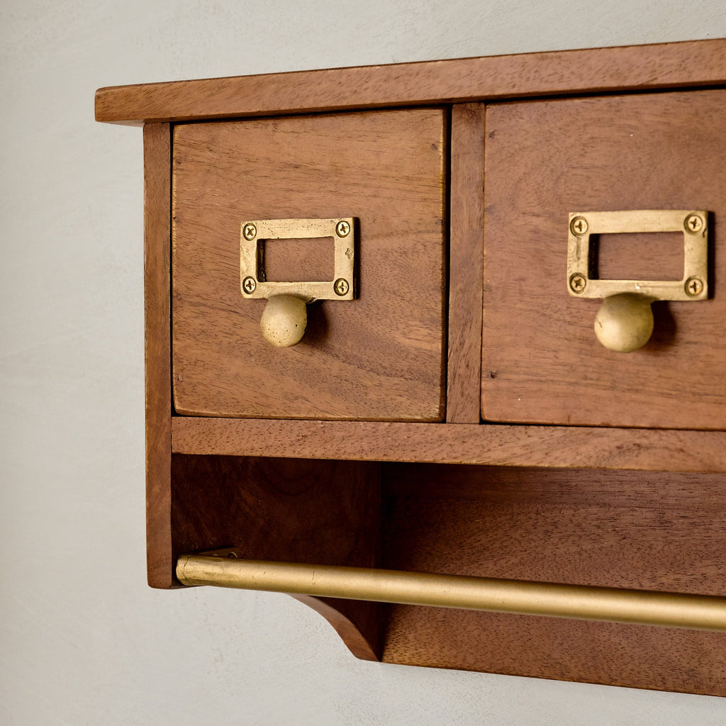 Cole Wooden Wall Shelf with Drawers and Rail