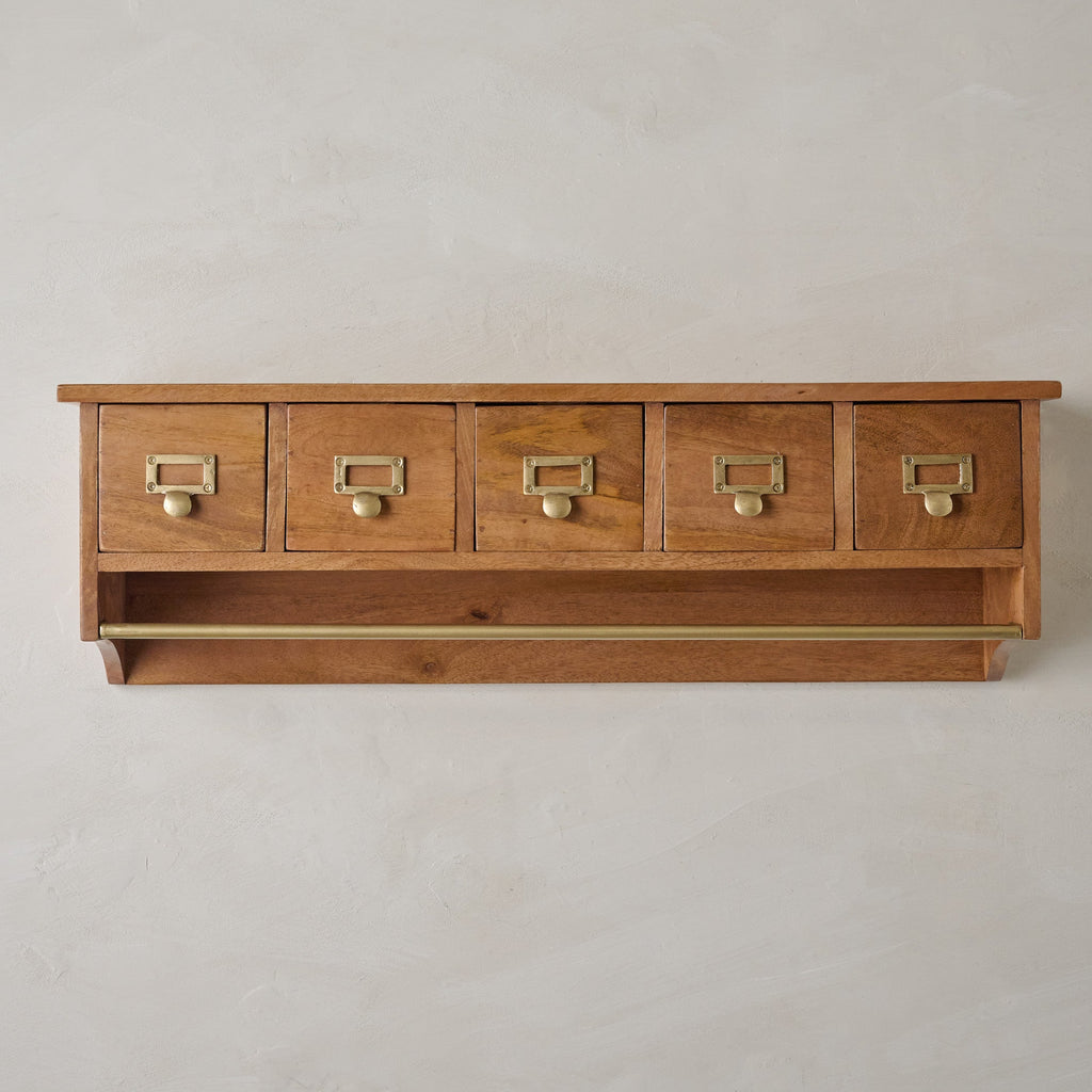 Cole Wooden Wall Shelf with Drawers and Rail