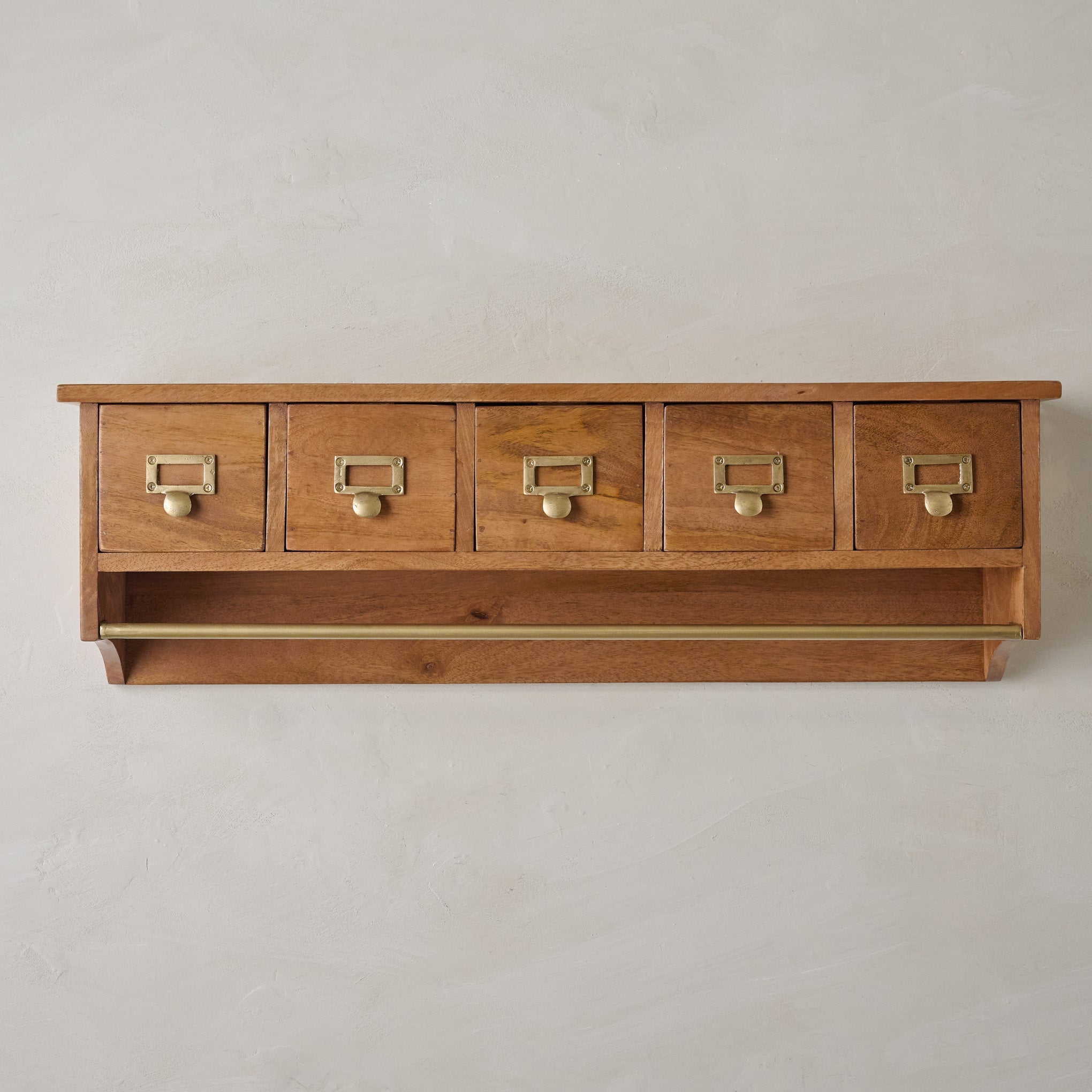 Cole Wooden Wall Shelf with Drawers and Rail