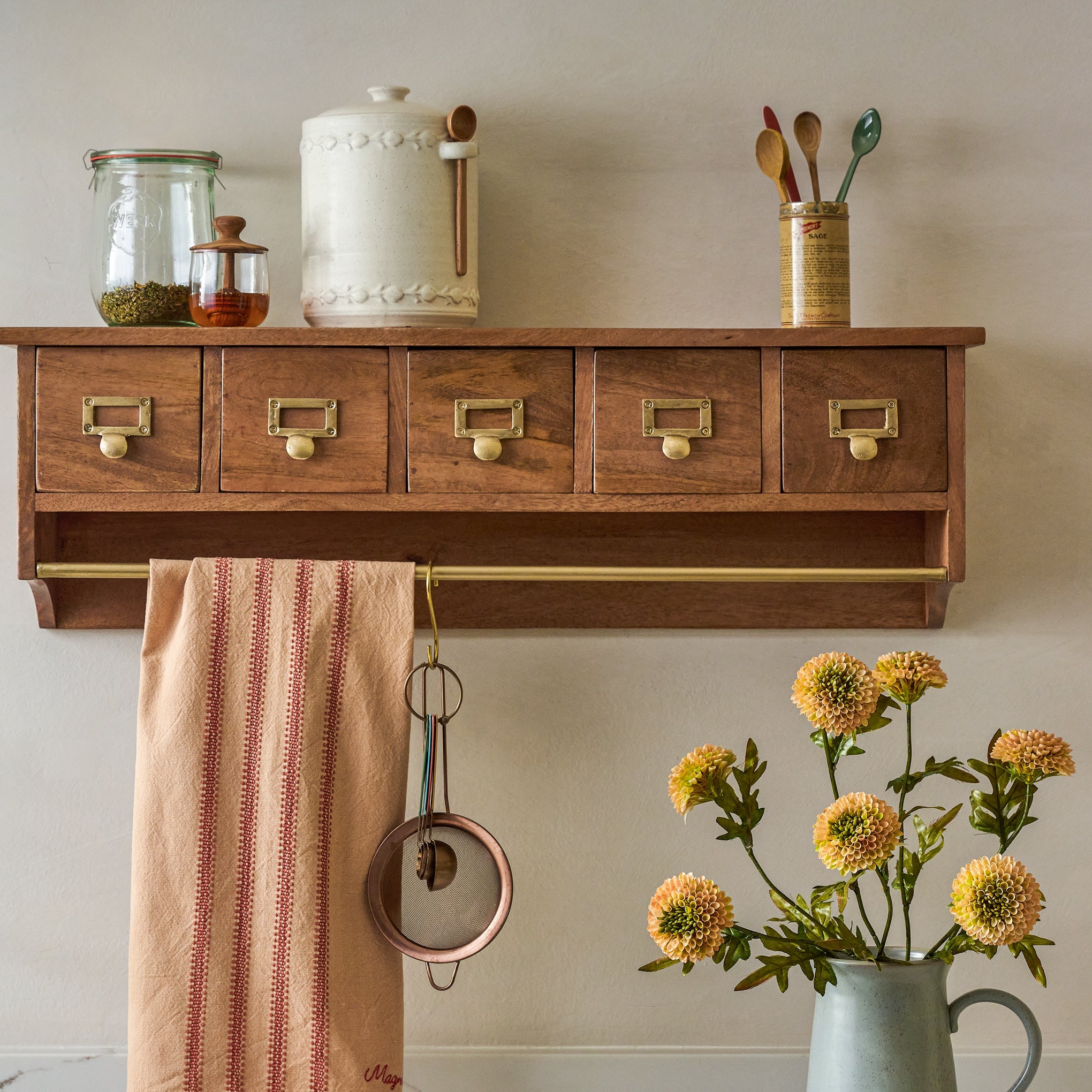 Cole Wooden Wall Shelf with Drawers and Rail