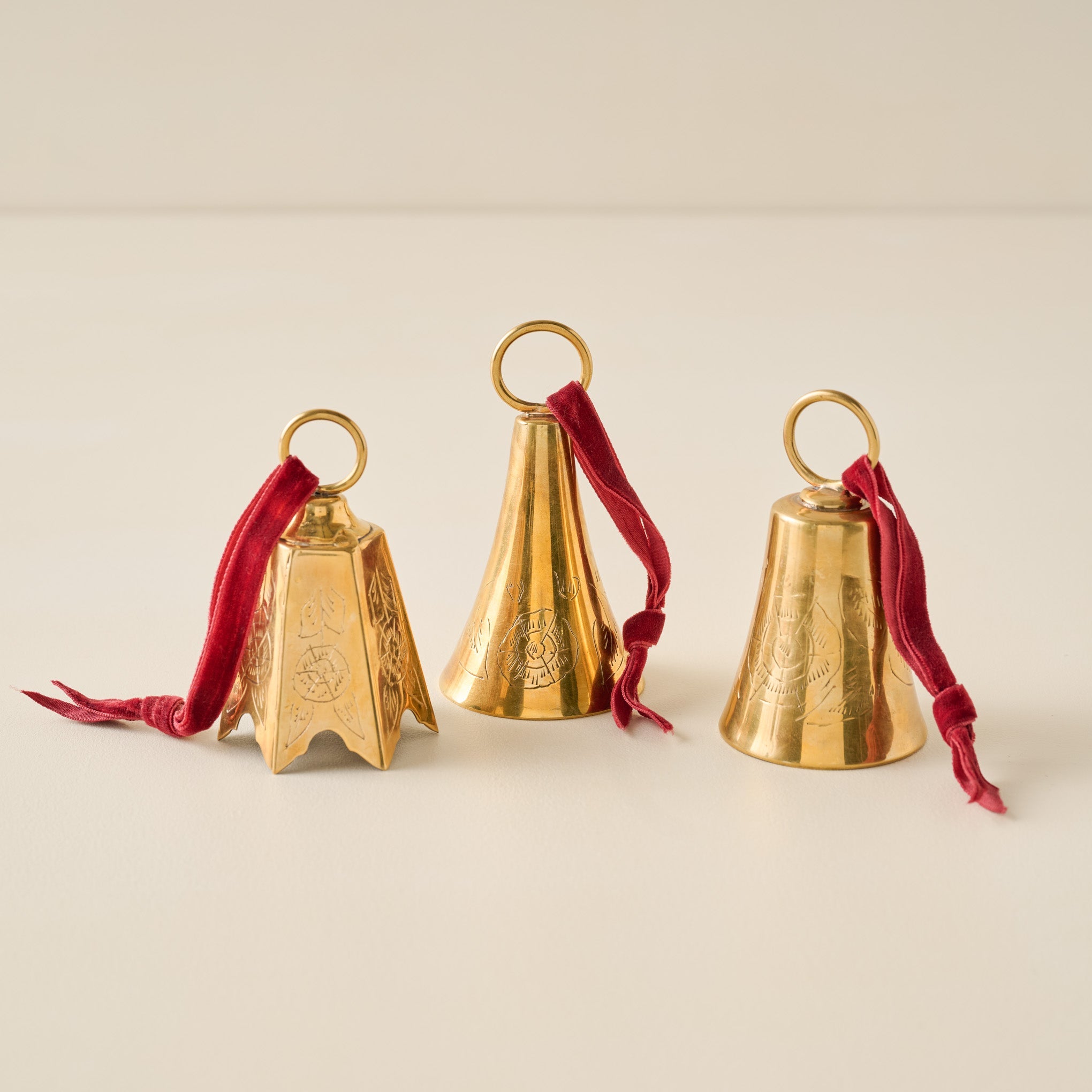 Ava Etched Brass Bell Ornament. Set of 3