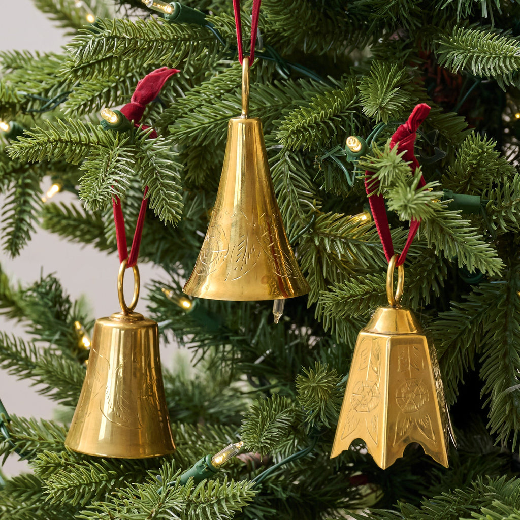 Ava Etched Brass Bell Ornament. Set of 3