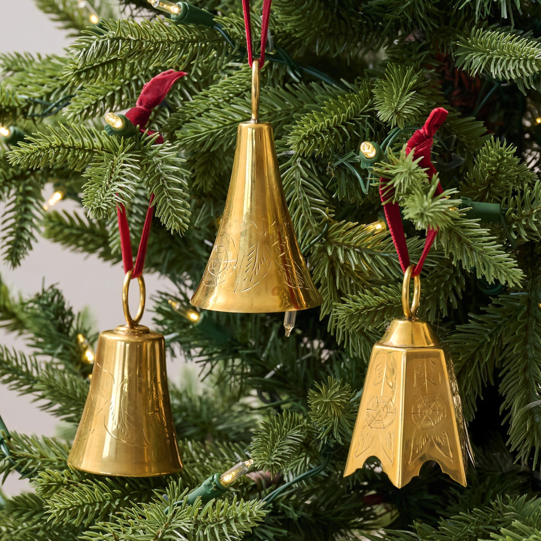 Ava Etched Brass Bell Ornament. Set of 3