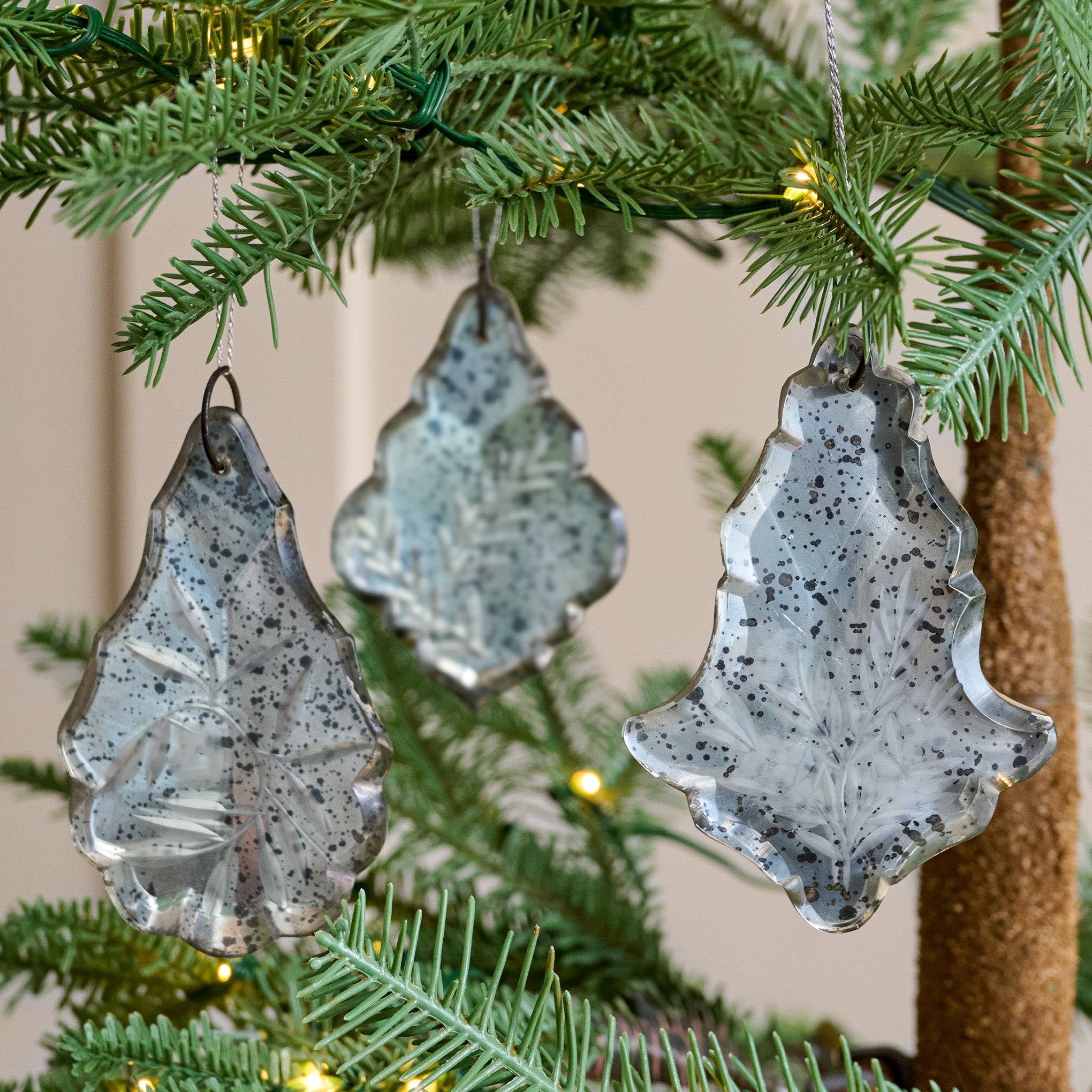 Antique Inspired Etched Glass Ornaments. Set of 6