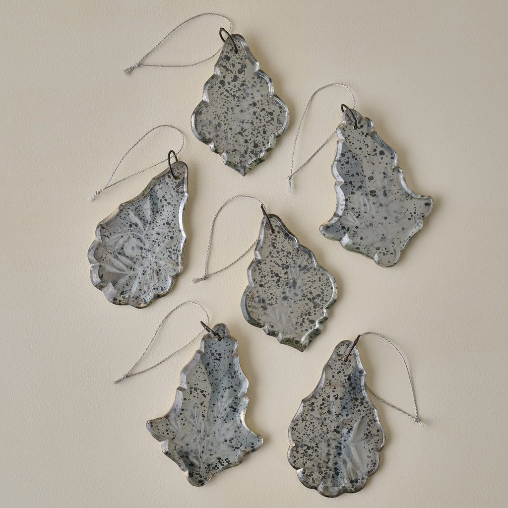 Antique Inspired Etched Glass Ornaments. Set of 6