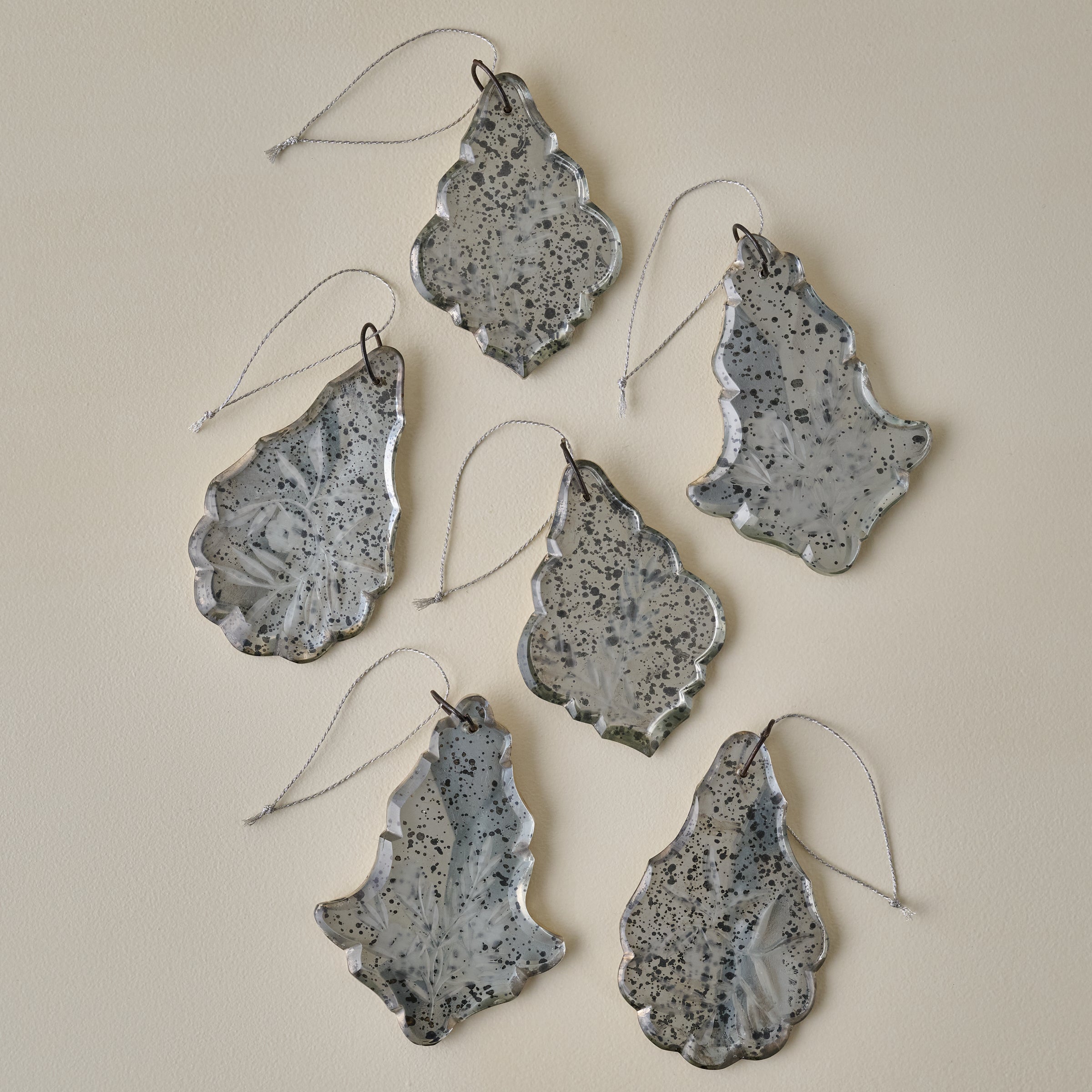 Antique Inspired Etched Glass Ornaments. Set of 6