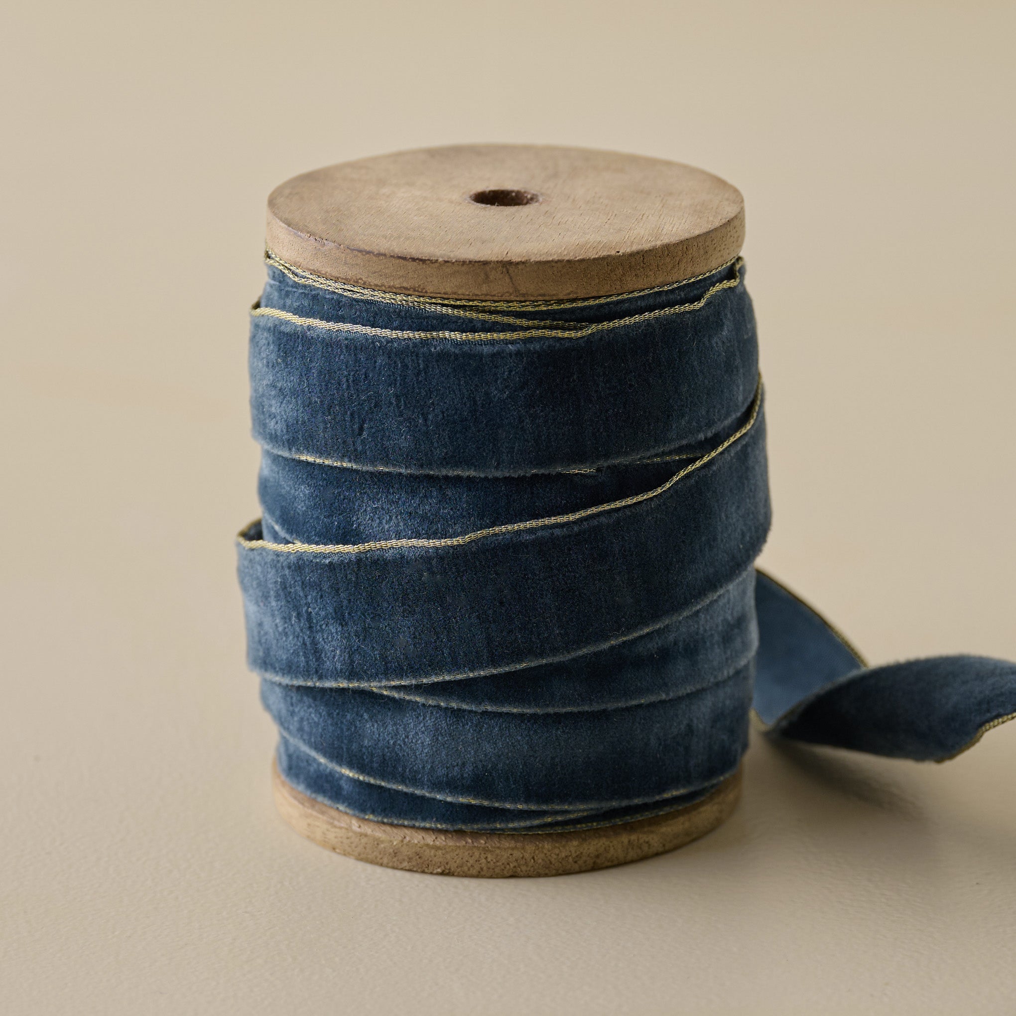 5 Yard Velvet Deep Sea Ribbon on Wood Spool with Metallic Edges